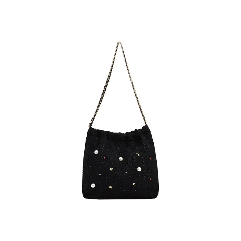 JANE KLAIN Woolen Bucket Bags Shoulder Bags Medium Size Women's Black/White/Blue-0