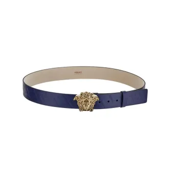 VERSACE Relief Brand Geometric Pattern, Plate Buckle Leather Belts Men's Blue