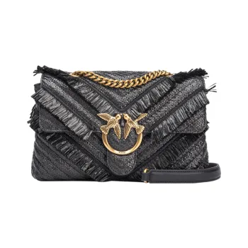 PINKO Straw Woven Chain Bag Swan Bag Portable Crossbody Bag Shoulder Bag Women's Black