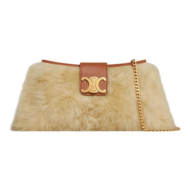 CELINE WilternTriomphe Shearling Cow Leather Patchwork Handbag Shoulder Bag Women's Tan-0