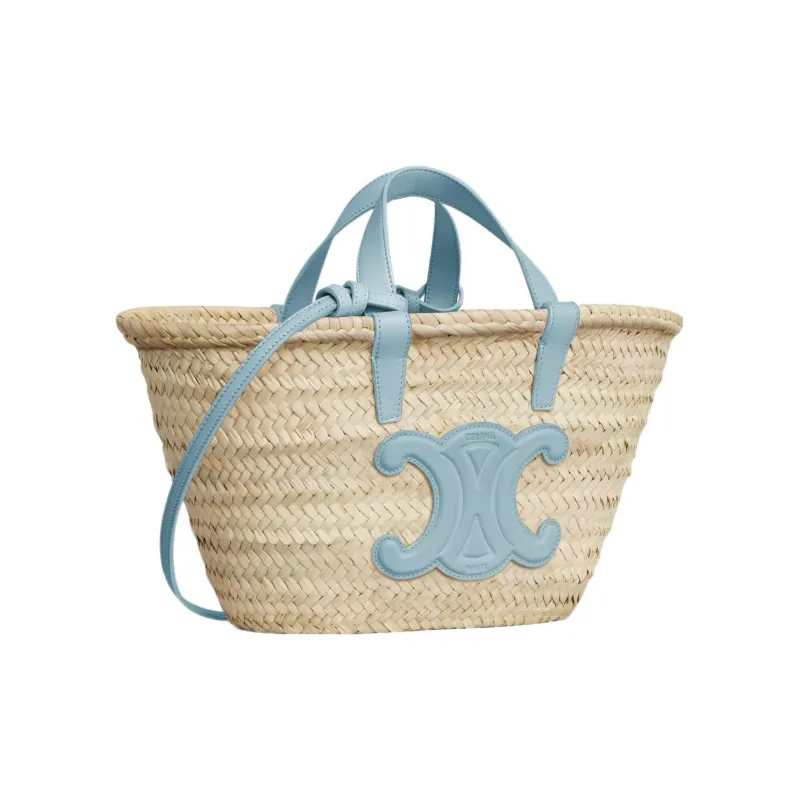 CELINE Triomphe Palm Leaf Cow Leather Patchwork Tote Bag Shopping Bag Basket Handbag Regular Women's California Blue-1