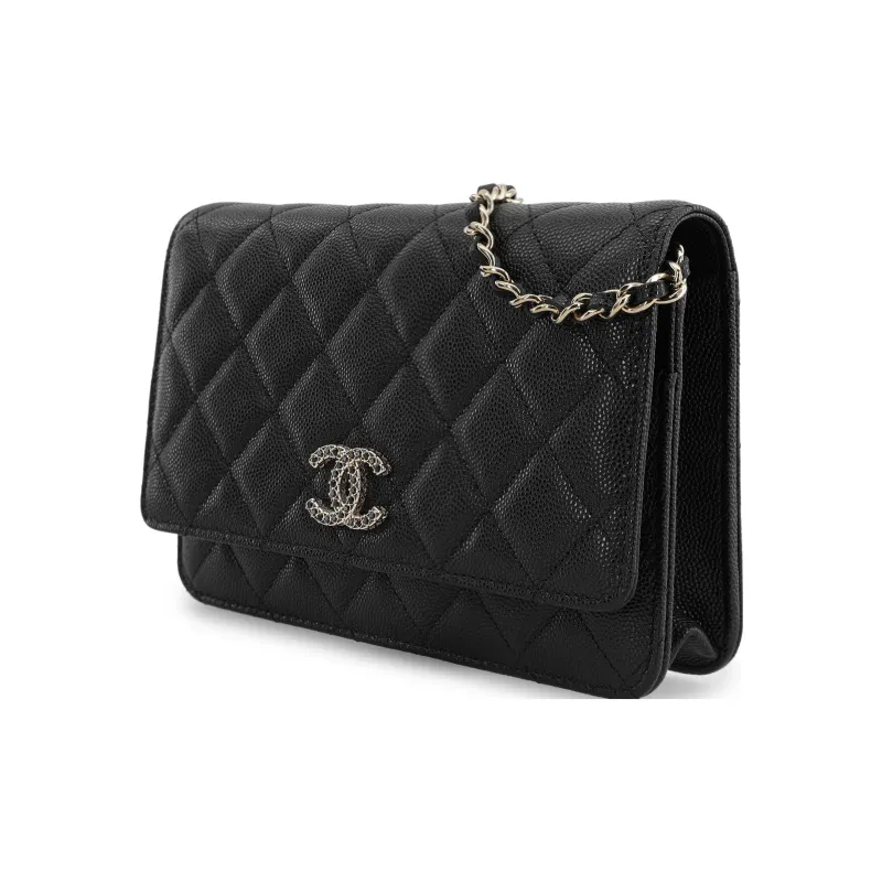 CHANEL Grain Calfskin Rhinestone Shoulder Bag, Crossbody Bag, Wallet Women's Black-1