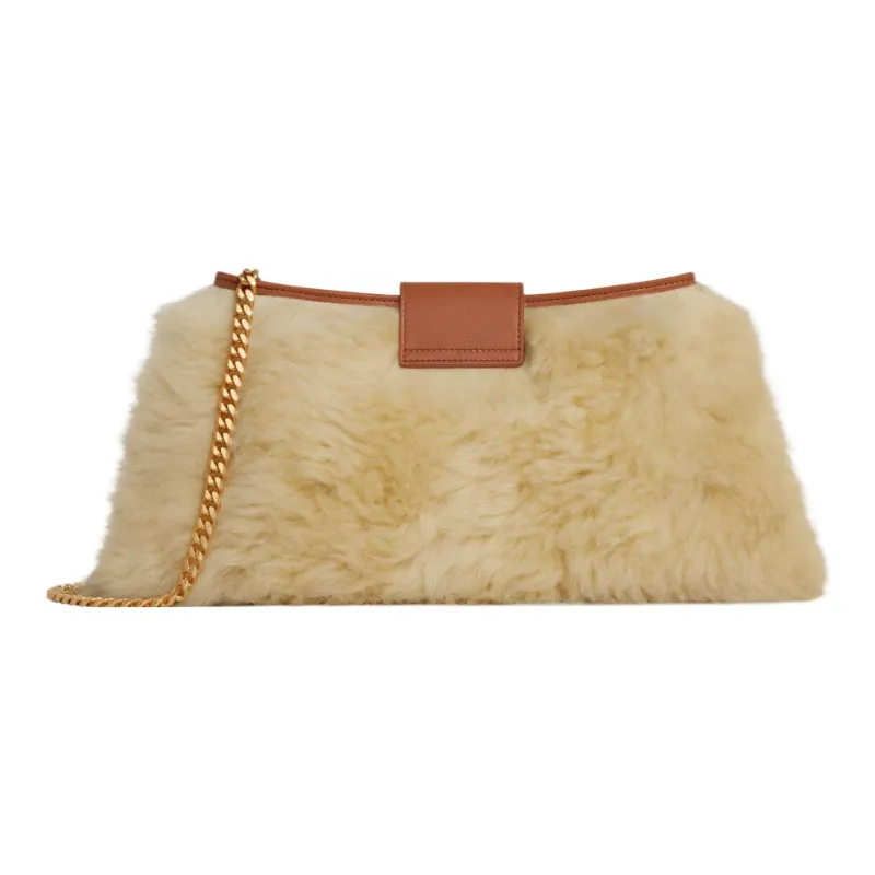 CELINE WilternTriomphe Shearling Cow Leather Patchwork Handbag Shoulder Bag Women's Tan-2