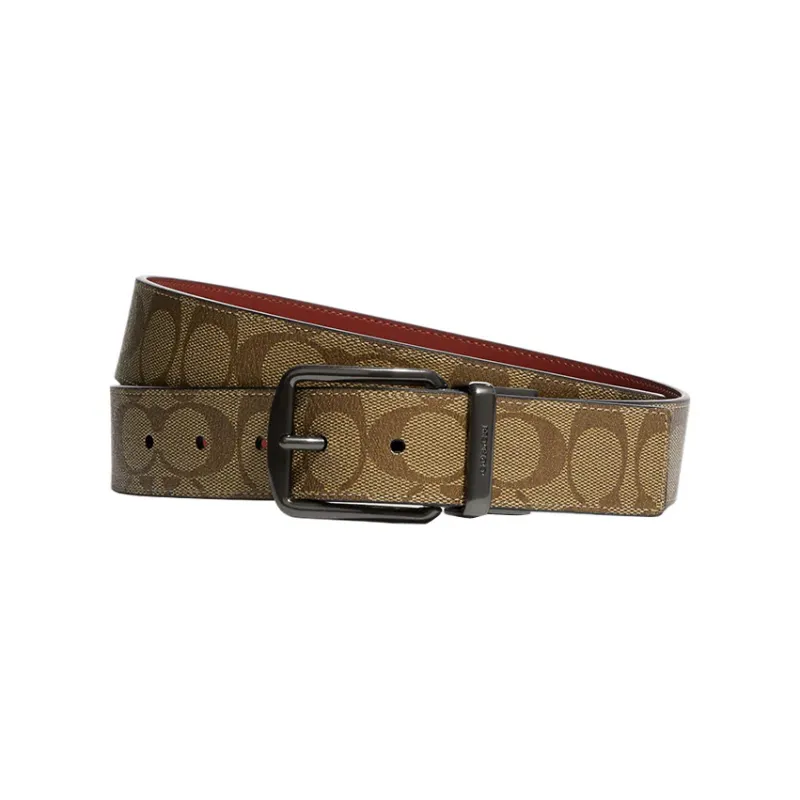 COACH Card Case Canvas With Calfskin Belt Card Holder Mini Men's Khaki & Earth Tone Red-1