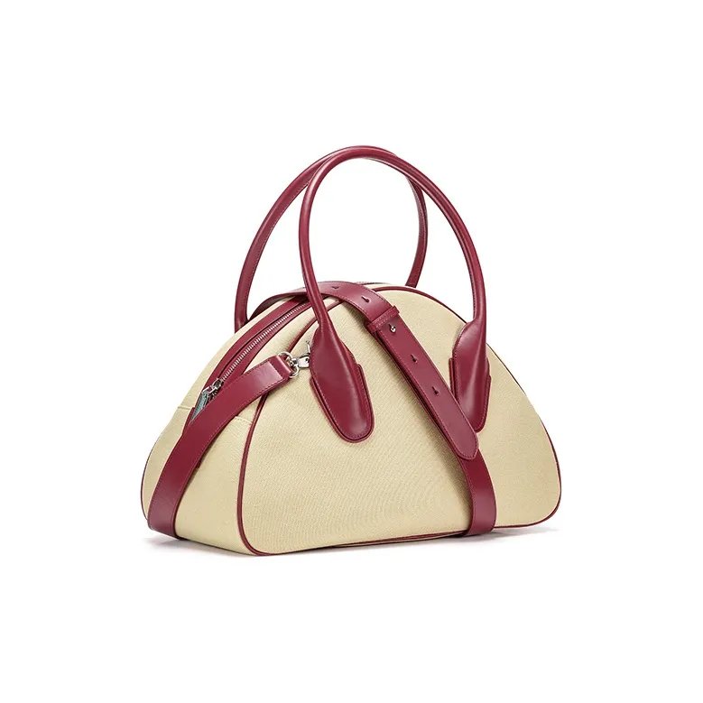 Lost In Echo Canvas With Leather Canvas Bag, Bowling Ball Crossbody Bag, Handbag Large Size Women's Khaki Red-5