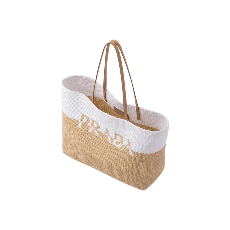 PRADA Raffia Tote Bag Shopping Bag Handbag Regular Women's Tawny/White-2