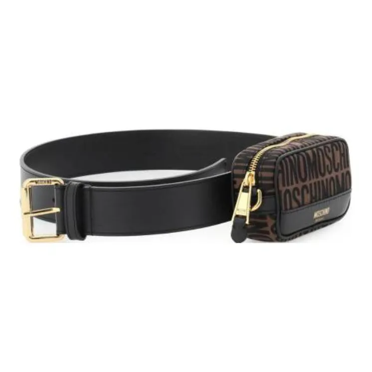 MOSCHINO Solid Color Letter Stamped Pin Buckle Leather Leather Belts Men's Black-0