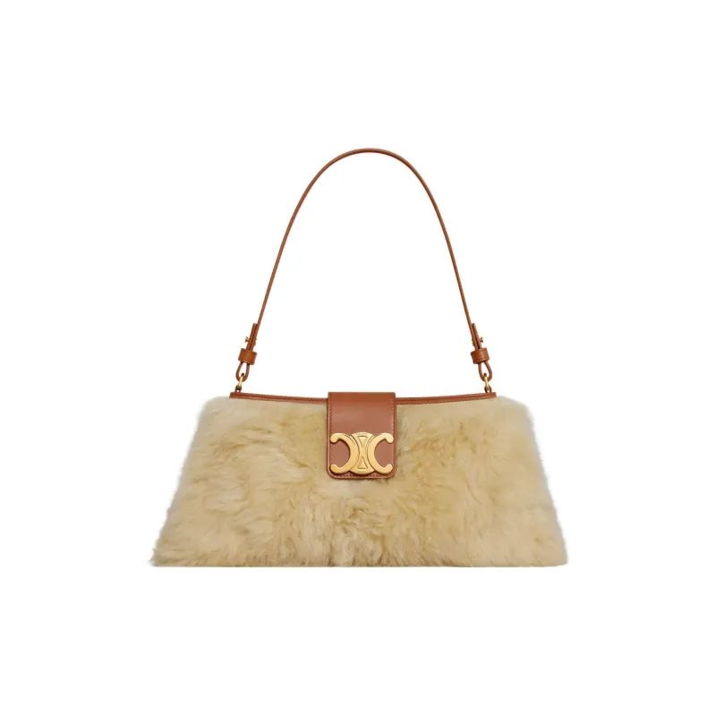 CELINE WilternTriomphe Shearling Cow Leather Patchwork Handbag Shoulder Bag Women's Tan-3