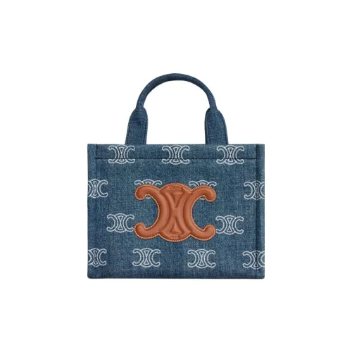 CELINE Cabas Denim With Leather Tote Bag Shopping Bag Handbag Small Size Women's Marine Blue/Tan