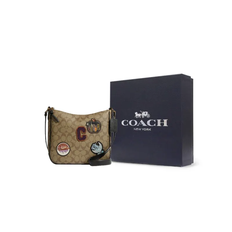 COACH Ellie Coated Canvas With Pebbled Leather Shoulder Bag Crossbody Bag Medium Size Women's Khaki-5
