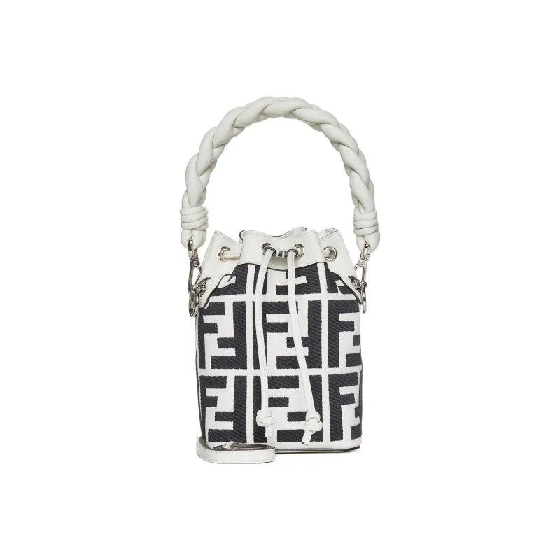 FENDI Mon Tresor Textile, Leather Bucket Bag, Shoulder Bag, Crossbody Bag, Handbag Small Size Women's Black White-1