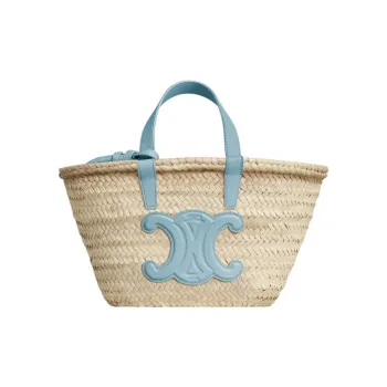 CELINE Triomphe Palm Leaf Cow Leather Patchwork Tote Bag Shopping Bag Basket Handbag Regular Women's California Blue