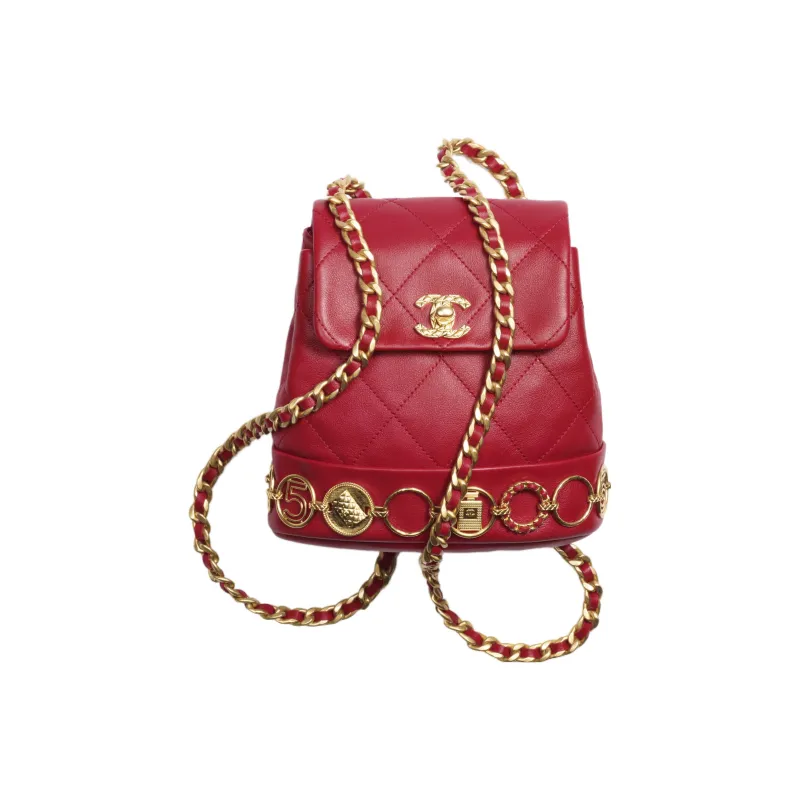 CHANEL Calfskin Backpack Trumpets Women's Red-0