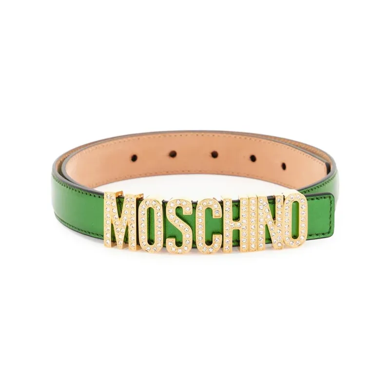 MOSCHINO Crystal Engraved Leather Plate Buckle Leather Belts Women's Green Width: 3CM-0