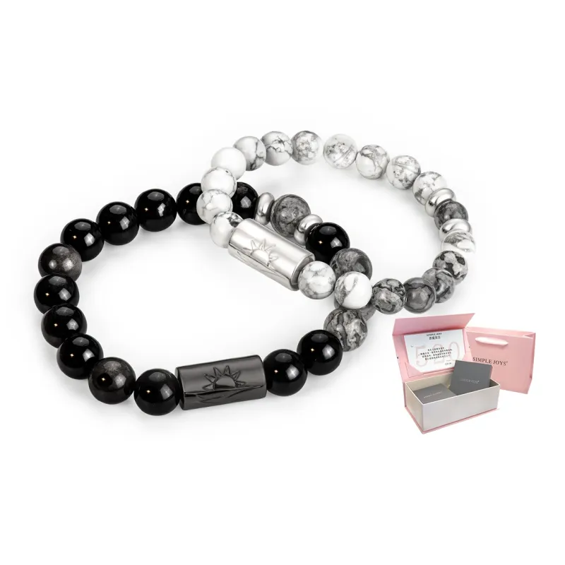 SIMPLE JOYS Obsidian White Turquoise Map Stone Bracelets Unisex Black, White, Gray Gift Box Set-13