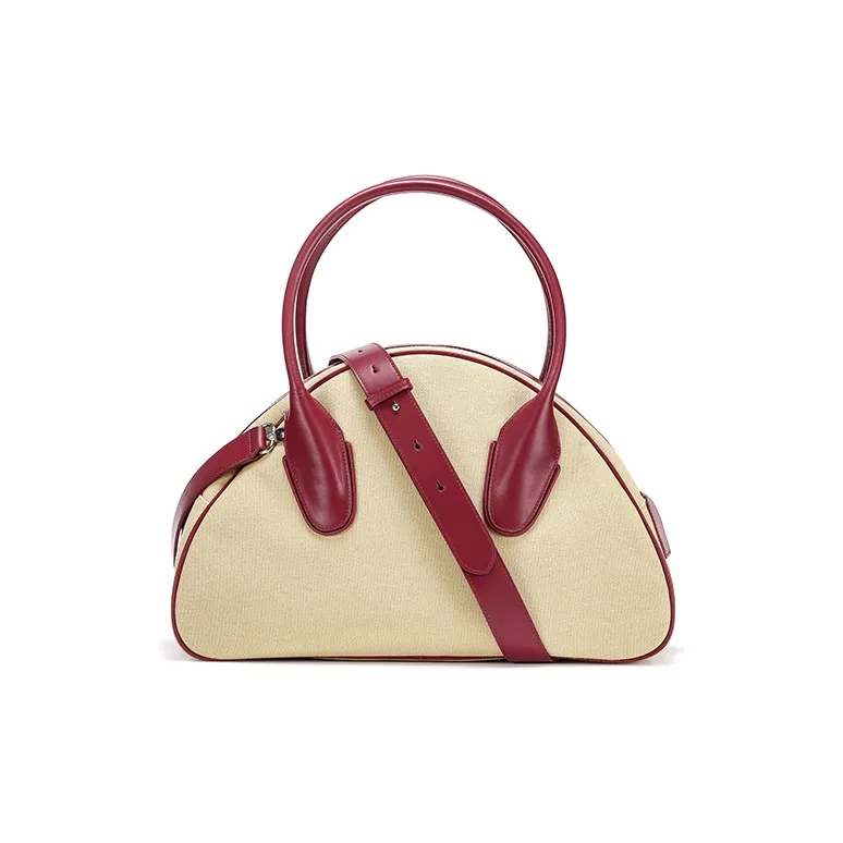 Lost In Echo Canvas With Leather Canvas Bag, Bowling Ball Crossbody Bag, Handbag Large Size Women's Khaki Red-4