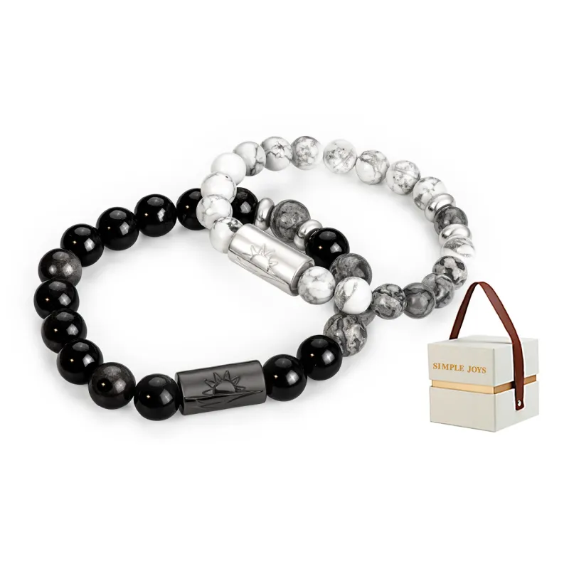 SIMPLE JOYS Obsidian White Turquoise Map Stone Bracelets Unisex Black, White, Gray Gift Box Set-5