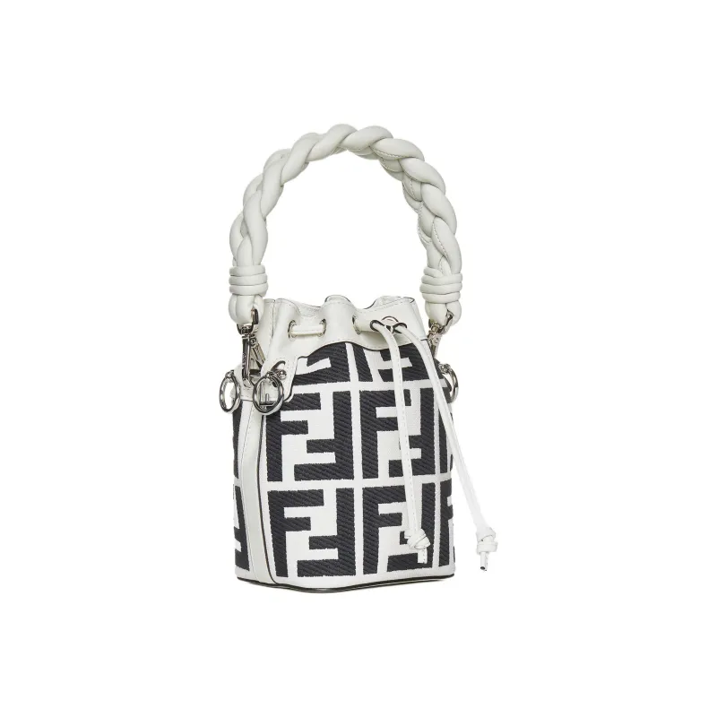 FENDI Mon Tresor Textile, Leather Bucket Bag, Shoulder Bag, Crossbody Bag, Handbag Small Size Women's Black White-2