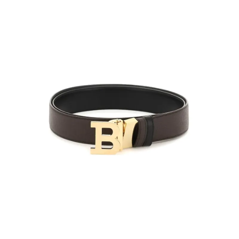 BALLY Double-Sided Gold 'B' Buckle Smooth Buckle Leather Belts Men's Black Width 3.5CM-0