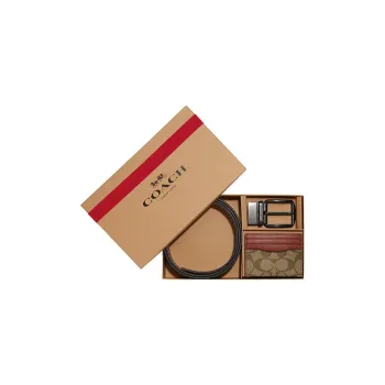 COACH Card Case Canvas With Calfskin Belt Card Holder Mini Men's Khaki & Earth Tone Red