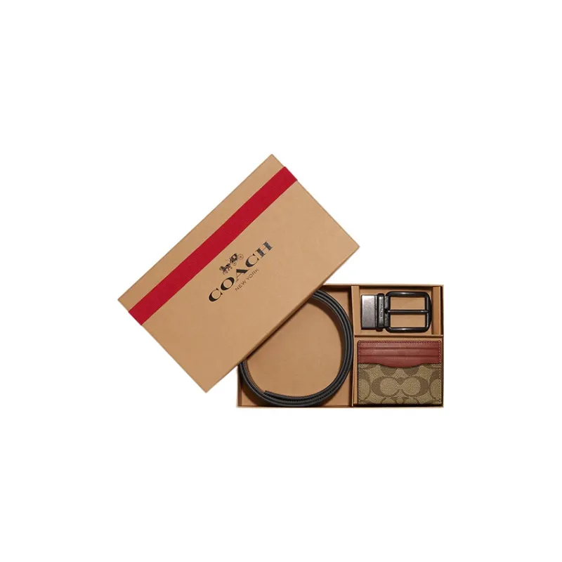 COACH Card Case Canvas With Calfskin Belt Card Holder Mini Men's Khaki & Earth Tone Red-0