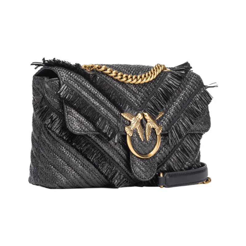 PINKO Straw Woven Chain Bag Swan Bag Portable Crossbody Bag Shoulder Bag Women's Black-1