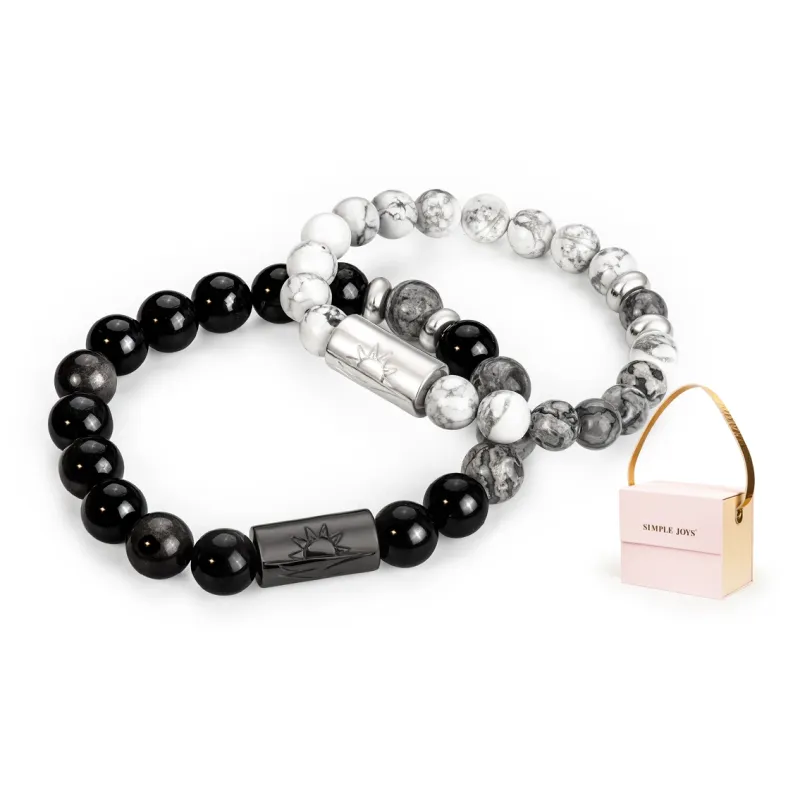 SIMPLE JOYS Obsidian White Turquoise Map Stone Bracelets Unisex Black, White, Gray Gift Box Set-21
