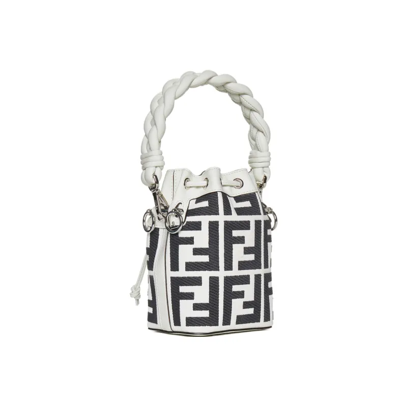 FENDI Mon Tresor Textile, Leather Bucket Bag, Shoulder Bag, Crossbody Bag, Handbag Small Size Women's Black White-0
