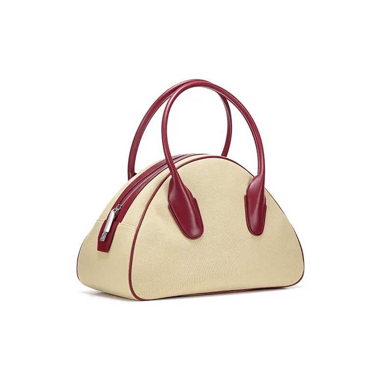 Lost In Echo Canvas With Leather Canvas Bag, Bowling Ball Crossbody Bag, Handbag Large Size Women's Khaki Red-3