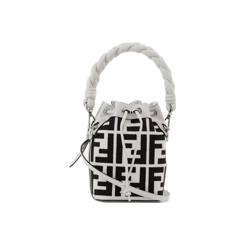 FENDI Mon Tresor Textile, Leather Bucket Bag, Shoulder Bag, Crossbody Bag, Handbag Small Size Women's Black White-3