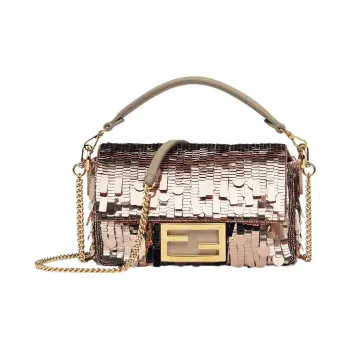FENDI Baguette Sequins With Leather Portable Crossbody Bag Shoulder Bag Mini Women's Dove Gray