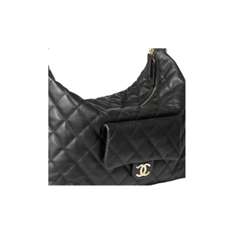 CHANEL Calfskin Hobo Bag, One Shoulder Handbag Extra Large Women's Black-3