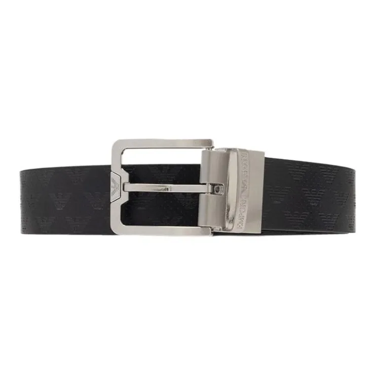 EMPORIO ARMANI Logo Print Business Leather Belts Men's Black Width 3.3cm-0