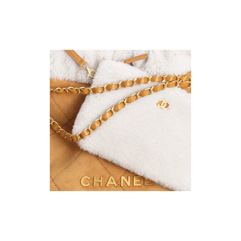 CHANEL Sheepskin Suede Lambskin Bucket Bag, Shoulder Bag, Crossbody Bag Women's Beige/White-3