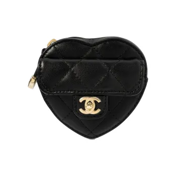 CHANEL 22SS Lambskin Heart Shaped Bag Clutch Coin Purse Wrist Bag Women's Black