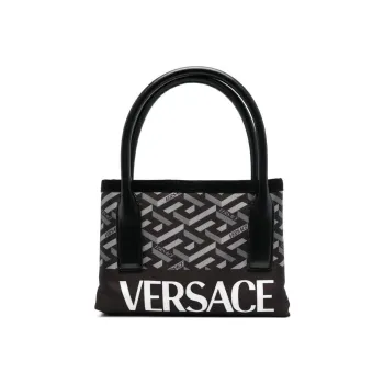 VERSACE La Greca Cotton Tote Bag Shopping Bag Cotton Handbag Large Size Men's Black And Gray