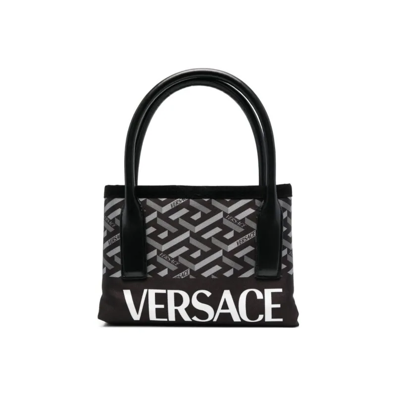 VERSACE La Greca Cotton Tote Bag Shopping Bag Cotton Handbag Large Size Men's Black And Gray-0