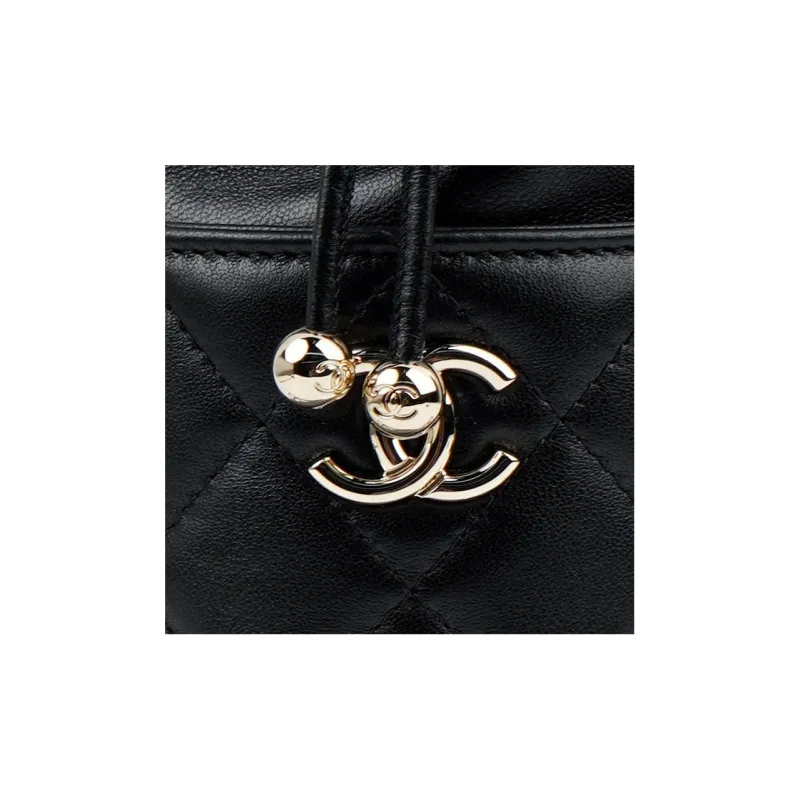 CHANEL Lambskin Chain Drawstring Water Bottle Pocket, Chain Bag, Crossbody Bag Women's Black-3