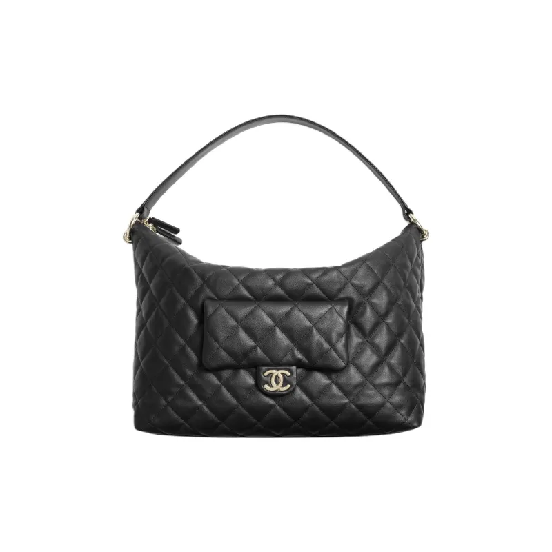 CHANEL Calfskin Hobo Bag, One Shoulder Handbag Extra Large Women's Black-0