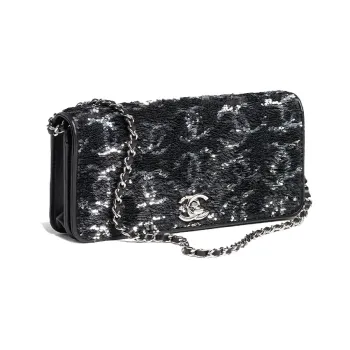 CHANEL Sequins Evening Bag Handbag, Shoulder Bag Trumpets Women's Black & Silver