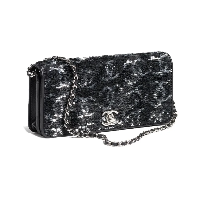 CHANEL Sequins Evening Bag Handbag, Shoulder Bag Trumpets Women's Black & Silver-0