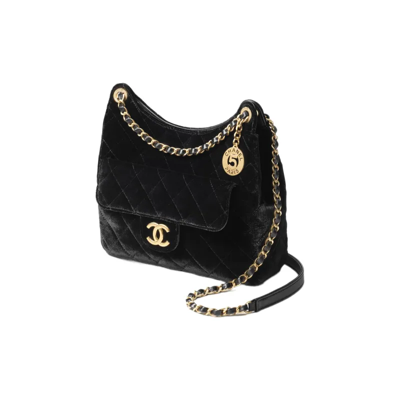 CHANEL HOBO Velour And Metal Hobo Bag, Shoulder Bag, Crossbody Bag Women's Black-1