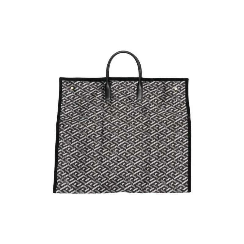 VERSACE La Greca Cotton Tote Bag Shopping Bag Cotton Handbag Large Size Men's Black And Gray-2