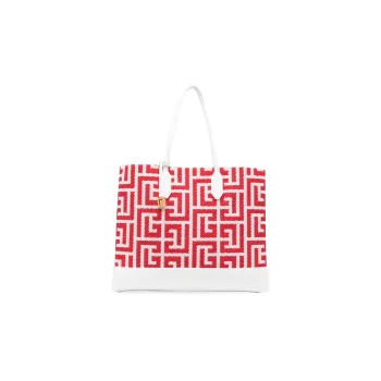 BALMAIN Calfskin With Canvas Tote Bag Shopping Bag Handbag Women's Red/White
