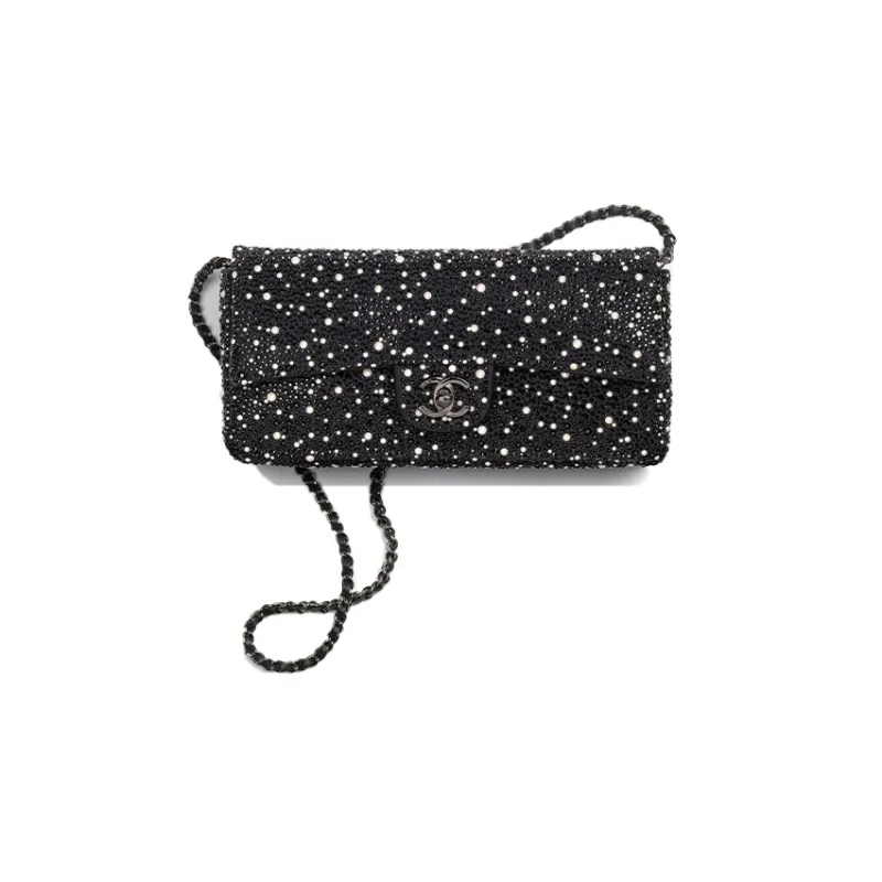 CHANEL Rhinestone Crystal Pearl Evening Bag, Crossbody Bag, Shoulder Bag Women's Black & White-0