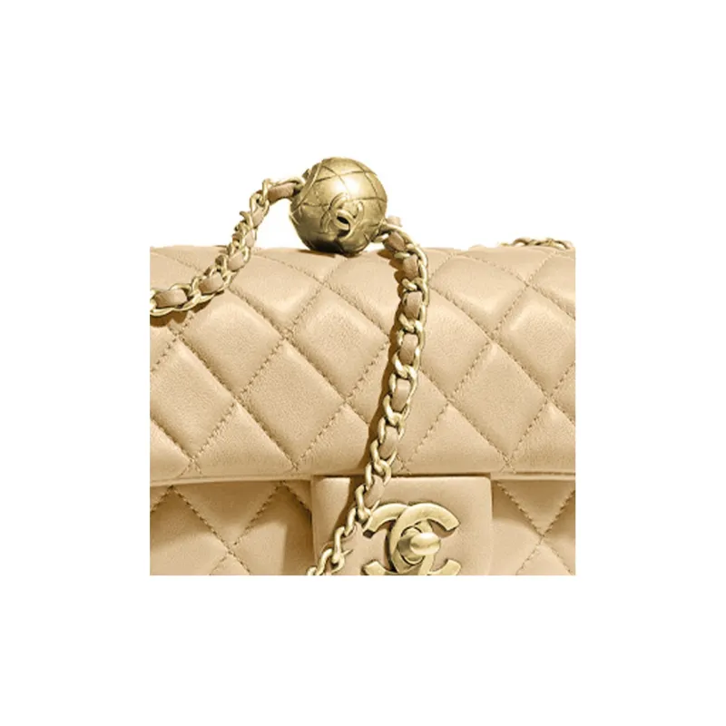 CHANEL Classic Flap CF Small Gold Ball Sheepskin Shoulder Bag, Crossbody Bag Women's Milk Tea Nude-3