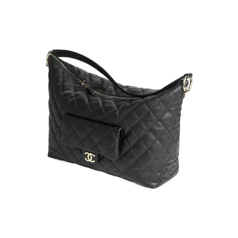 CHANEL Calfskin Hobo Bag, One Shoulder Handbag Extra Large Women's Black-1