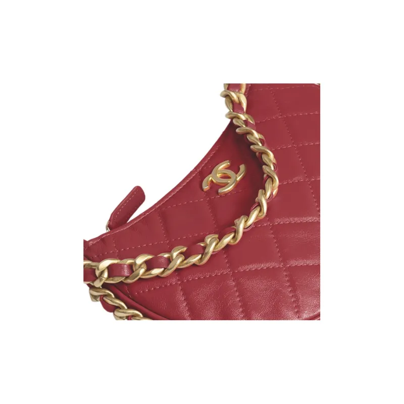 CHANEL Shiny Wrinkle Lambskin One Shoulder Handbag Women's Red-3