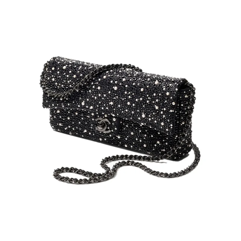 CHANEL Rhinestone Crystal Pearl Evening Bag, Crossbody Bag, Shoulder Bag Women's Black & White-1