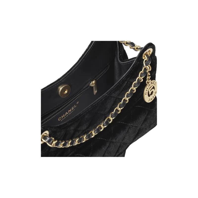 CHANEL HOBO Velour And Metal Hobo Bag, Shoulder Bag, Crossbody Bag Women's Black-2